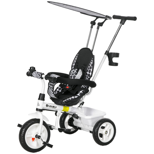 HOMCOM 4 in 1 Tricycle for Kids with 5-point harness straps Removable Canopy White