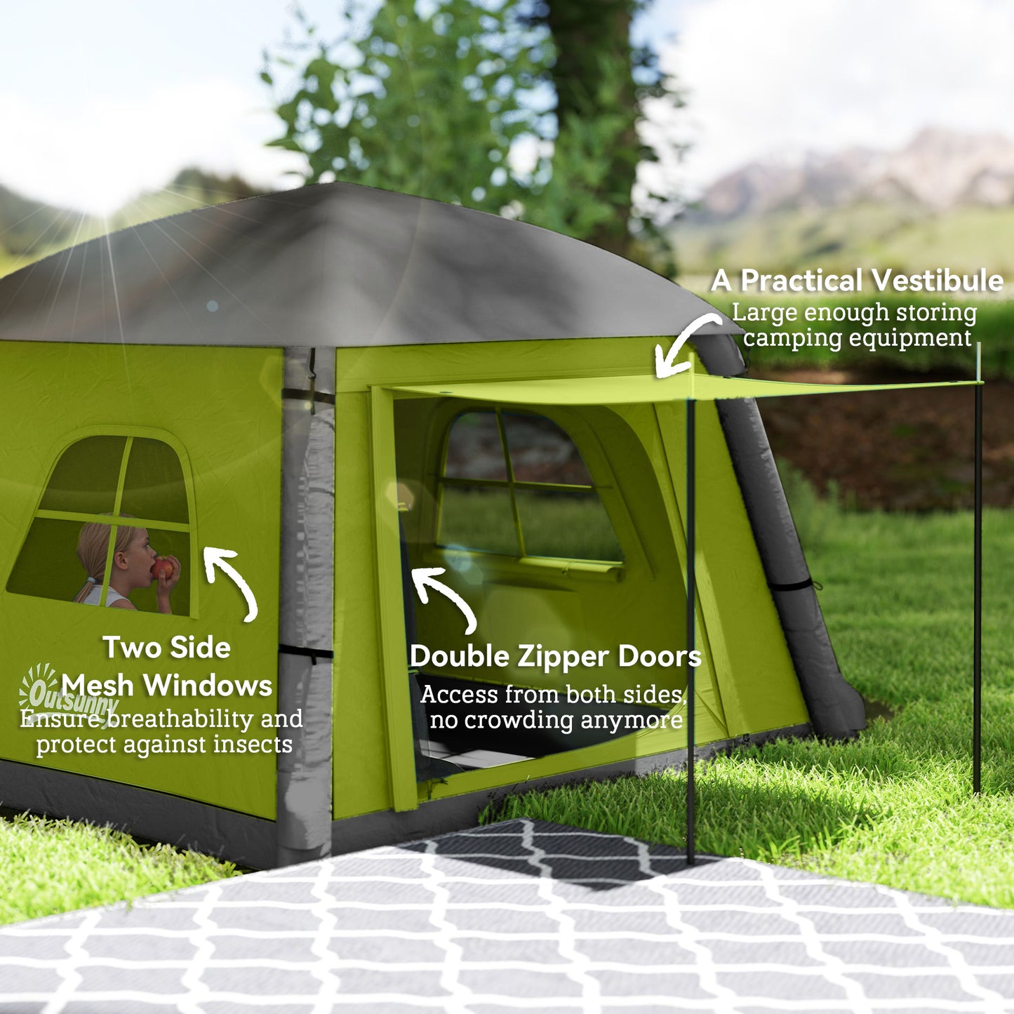 Outsunny Inflatable Camping Tent w/ Hand Pump, Easy Setup for 1-2 People, Waterproof & Windproof with Mesh Windows, Doors & Carry Bag, Green/Brown