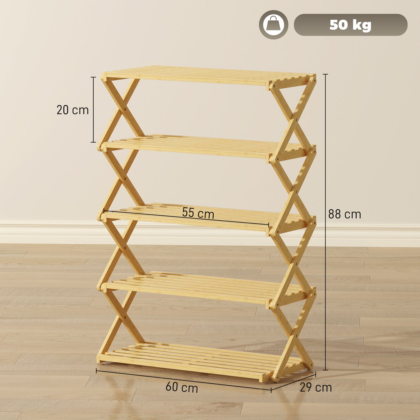HOMCOM 5-Tier Bamboo Shoe Rack, No Assembly - Natural