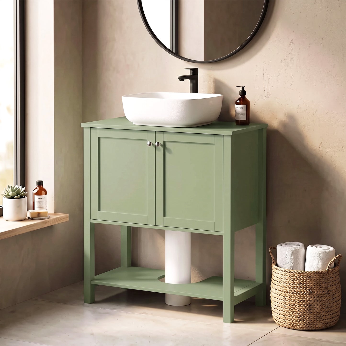 HOMCOM Under Sink Bathroom Cabinet with 2 Doors, Open Shelf and U-Shape Cut-Out for Basin with or without Pedestal, Green