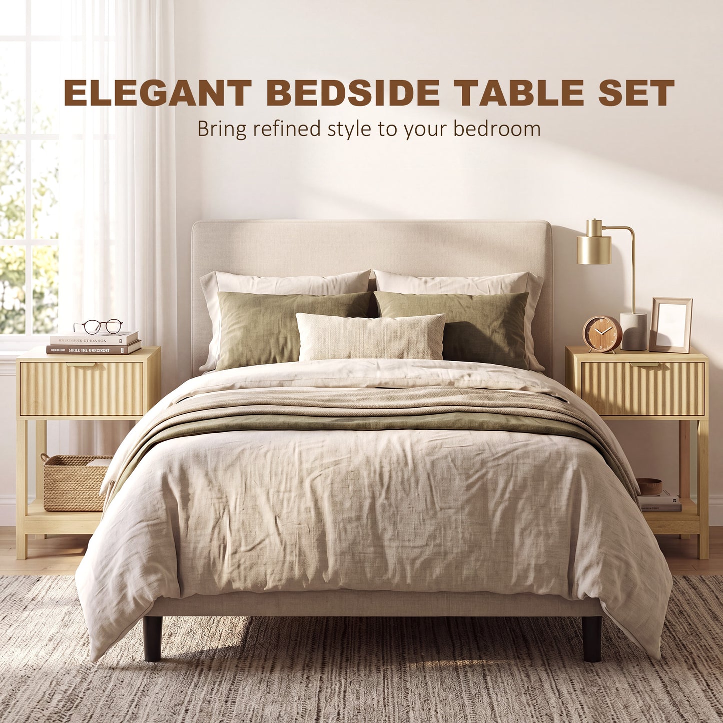 HOMCOM Modern Fluted Nightstand Set of 2, Bedside Table with Charging Station, Drawer and Open Shelf for Bedroom, Oak