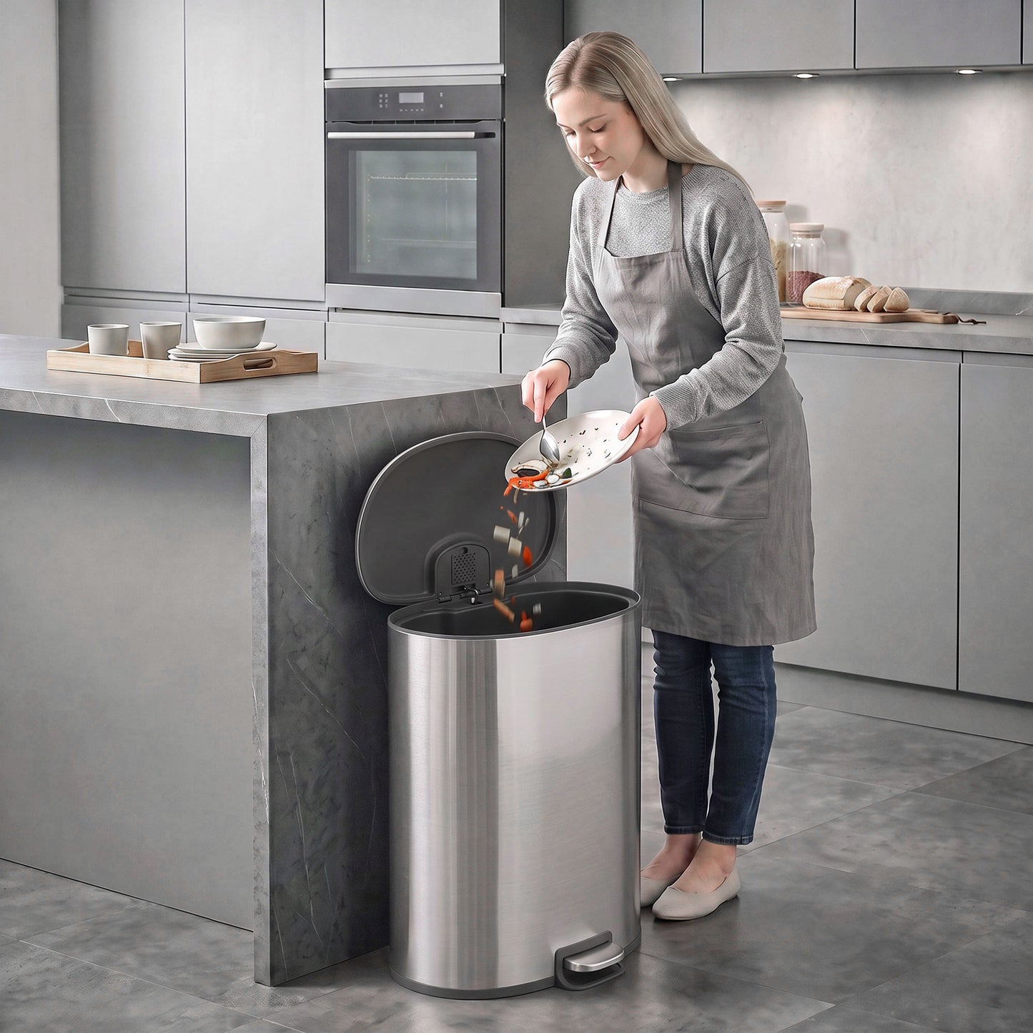 HOMCOM 50L Kitchen Pedal Bin, Rubbish Bin with Soft-Close and Stay-Open Lid, Removable Inner Bucket, Silver Tone