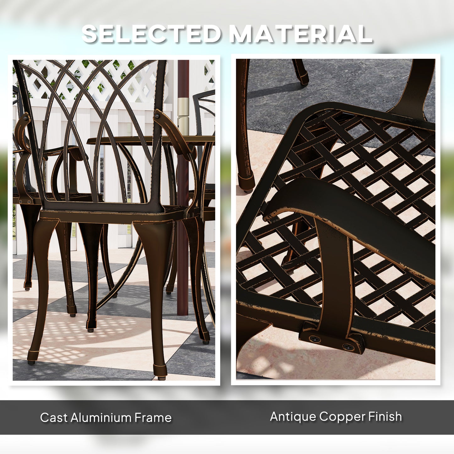 Outsunny 5 Piece Bronze Cast Aluminium Garden Dining Set, 4 Armchairs, Round Table with Parasol Hole
