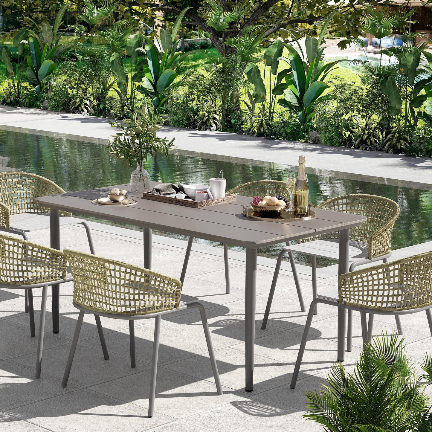 Outsunny Garden Table, Outdoor Dining Table for 6 People, 160 x 90 x 74 cm, with Rust Resistant Metal Frame, WPC Top, for Balcony, Terrace, Dark Grey