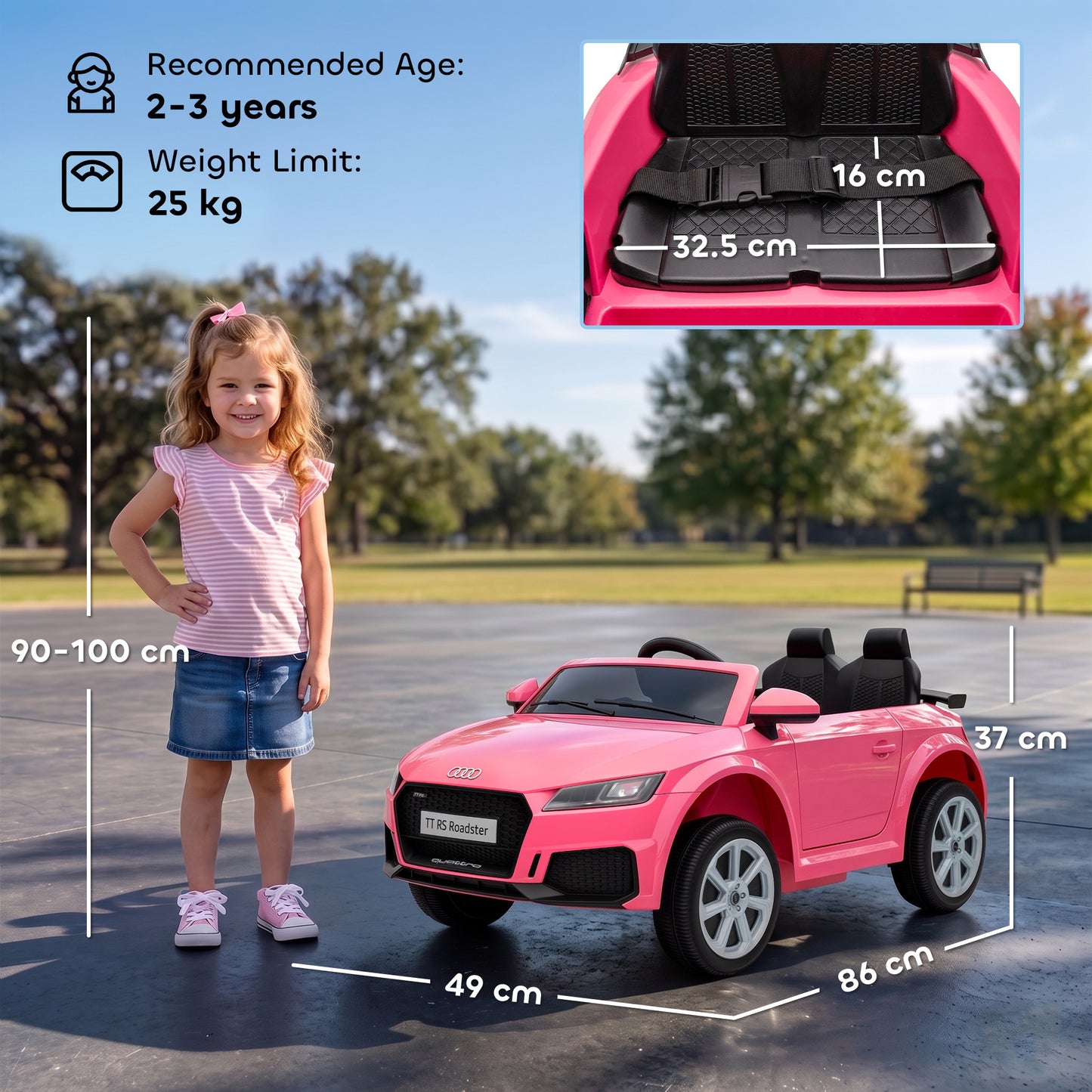 AIYAPLAY 12V Audi TT RS Licensed Electric Car, Electric Ride On Toy with Remote Control, Dual Motors, 4-Wheel Suspension, Pink