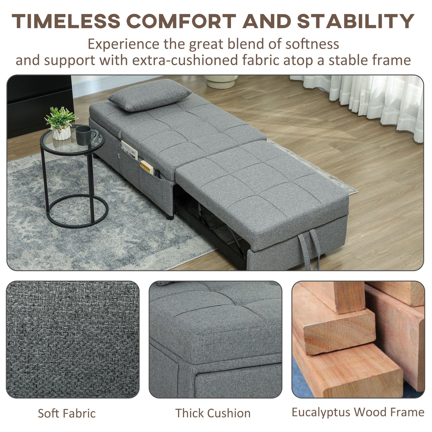 HOMCOM Four-In-One Single Sleeper Chair - Light Grey