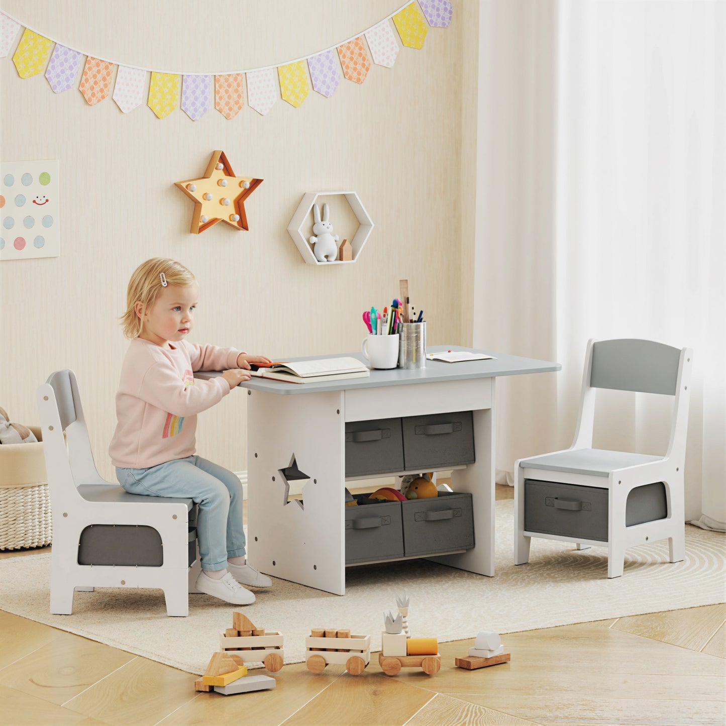 AIYAPLAY Kids Table and Chair Set, Toddler Table and 2 Chairs Set with 6 Removable Drawers, for Boys Girls Ages 3-8, Light Grey