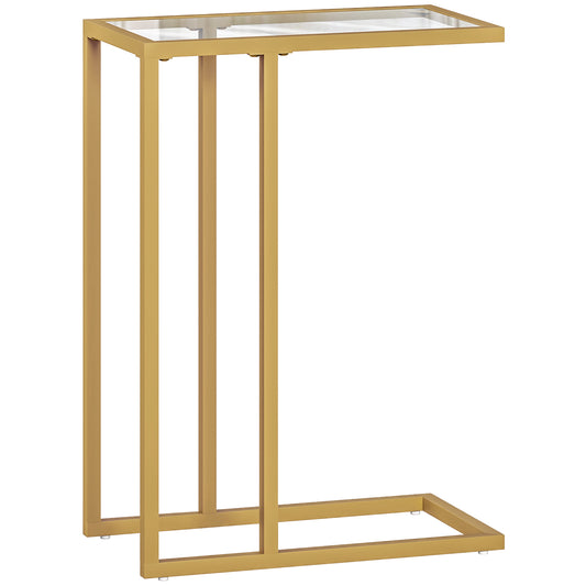 HOMCOM C-Shaped Bedside Table, Modern Side Table with Tempered Glass Tabletop, Steel Frame for Small Space, Living Room, Bedroom, Gold Tone