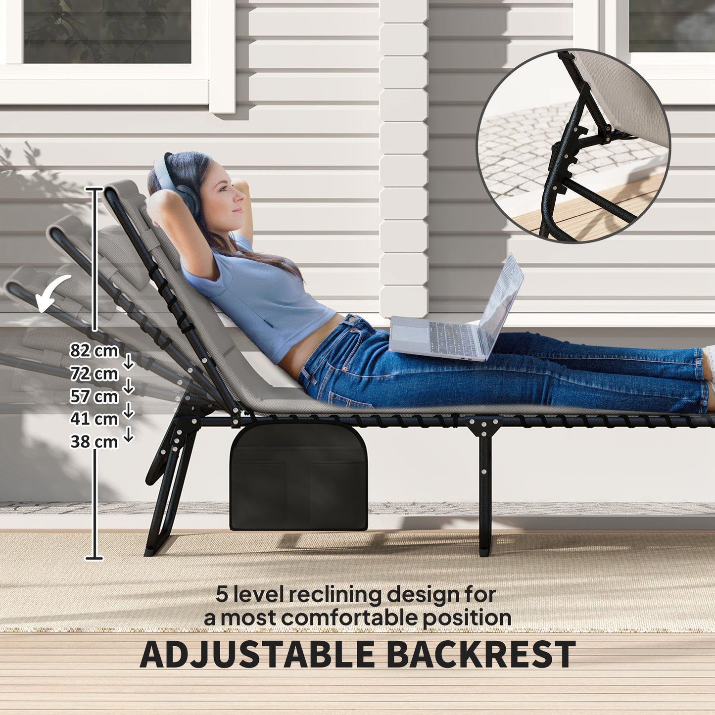 Outsunny Folding Sun Loungers Set of 2, Recliner Garden Chairs w/ Quick Dry Pad, Headrest, Light Grey