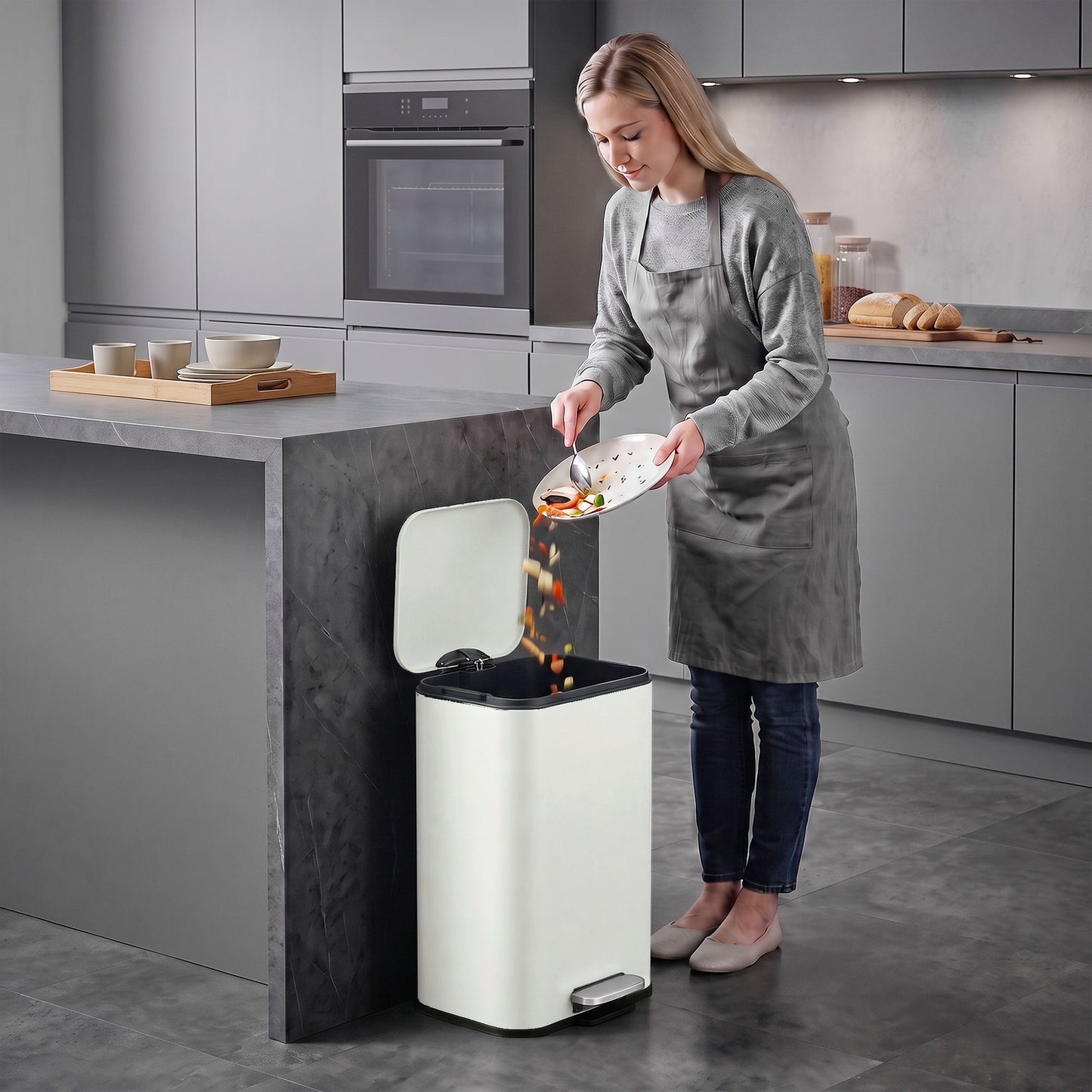 HOMCOM 20 L Kitchen Pedal Bin, Metal Rubbish Bin with Removable Inner Bucket, Soft-Close & Stay-Open Lid, Cream White