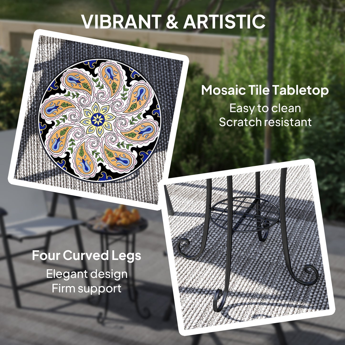 Outsunny Mosaic Garden Table, 35.5 cm Round Outdoor Ceramic Tile Top, Patio/Balcony End Table, Orange