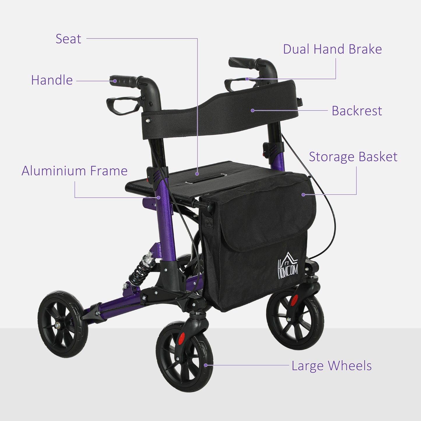HOMCOM Rollator Walker with Seat, Suspension, Adjustable Handle, 4 Wheels, Purple