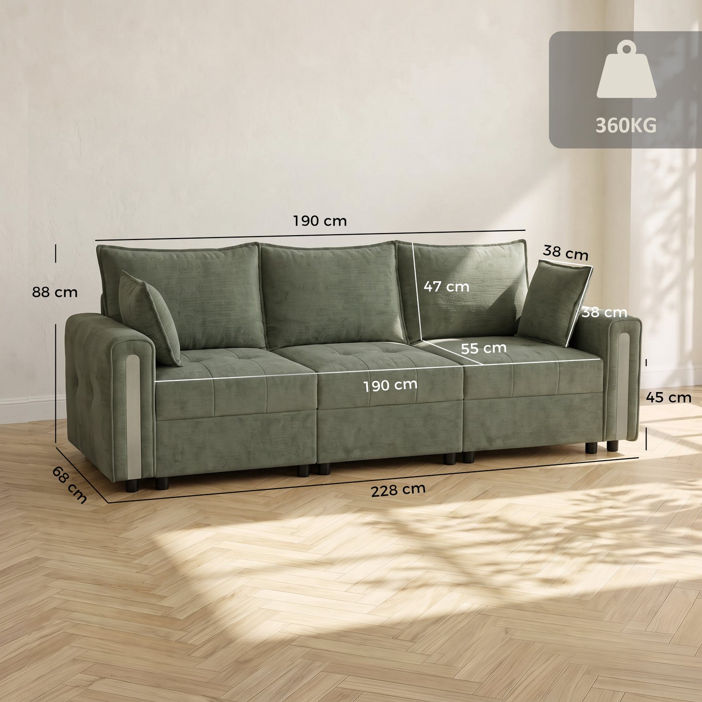 HOMCOM 3 Seater Sofa with Lift-Up Storage, 228cm Comfy Velvet Couch with Wide Deep Seat, Dark Green
