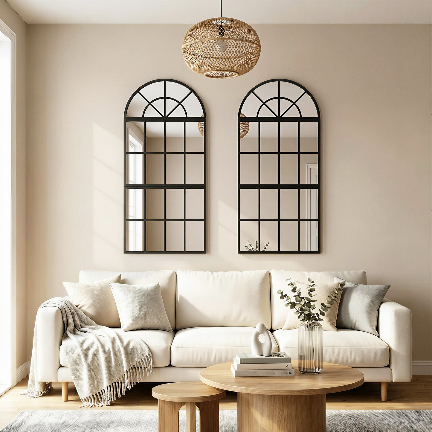 HOMCOM Large Arched Wall Mirror with Metal Grid, 3-Piece Split Window Mirrors, 120 x 54 cm, Black