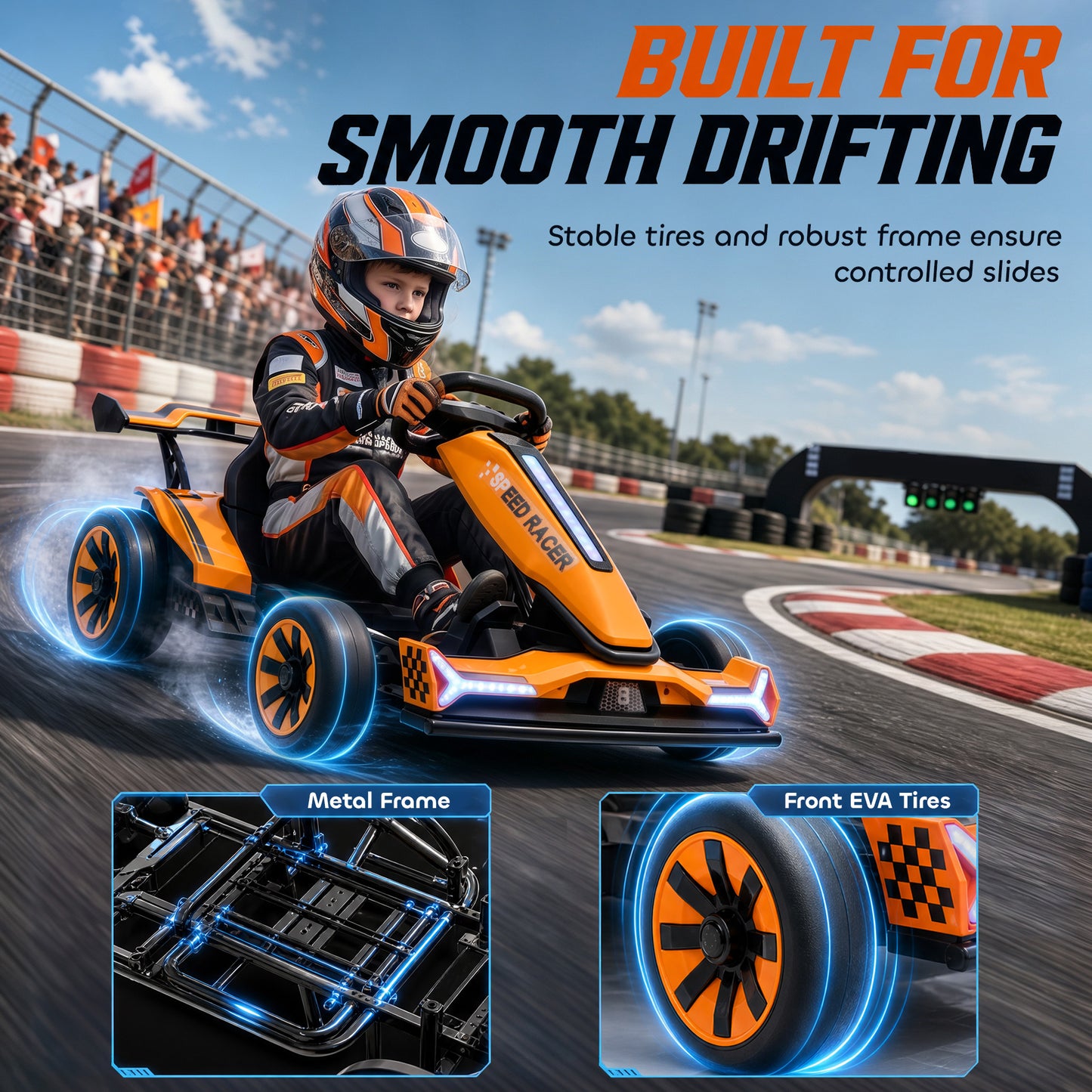 AIYAPLAY 24V Electric Go Kart for Kids 6-12 Years with Drift Mode, Adjustable Seat, 3 Speed, Slow Start, Orange