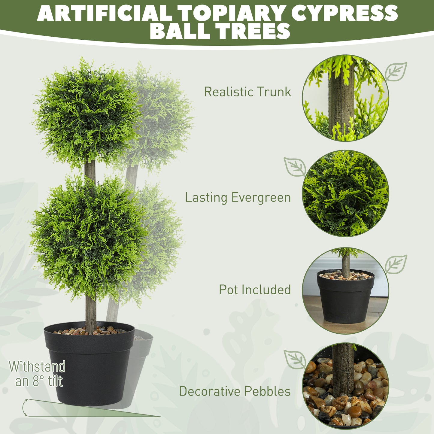 HOMCOM Set of 2 Decorative Artificial Plants, 60cm Faux Topiary Cypress Ball Trees with Pot and Pebbles, Fake Plants for Decor, Green