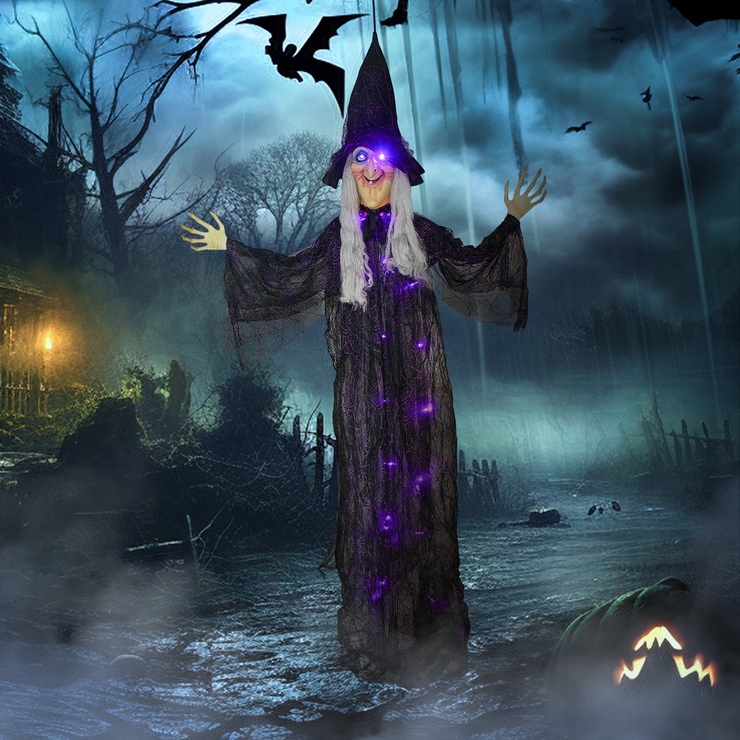 Outsunny 183 cm Life Size Halloween Animated Hanging Witch with Glowing LED Eyes & Body, Battery Operated Indoor Party Props, Spooky Decorations