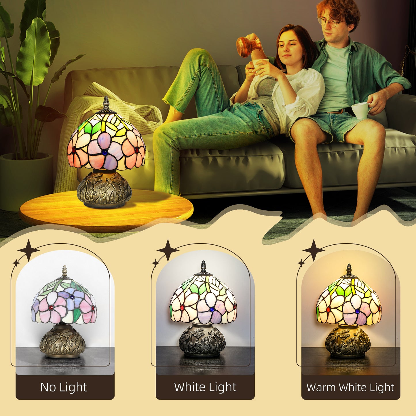 HOMCOM Tiffany-Style Table Lamp, Sculpted Dragonfly Base, Handcrafted Stained Glass, E27 Socket, for Living Room/Bedroom, Pink