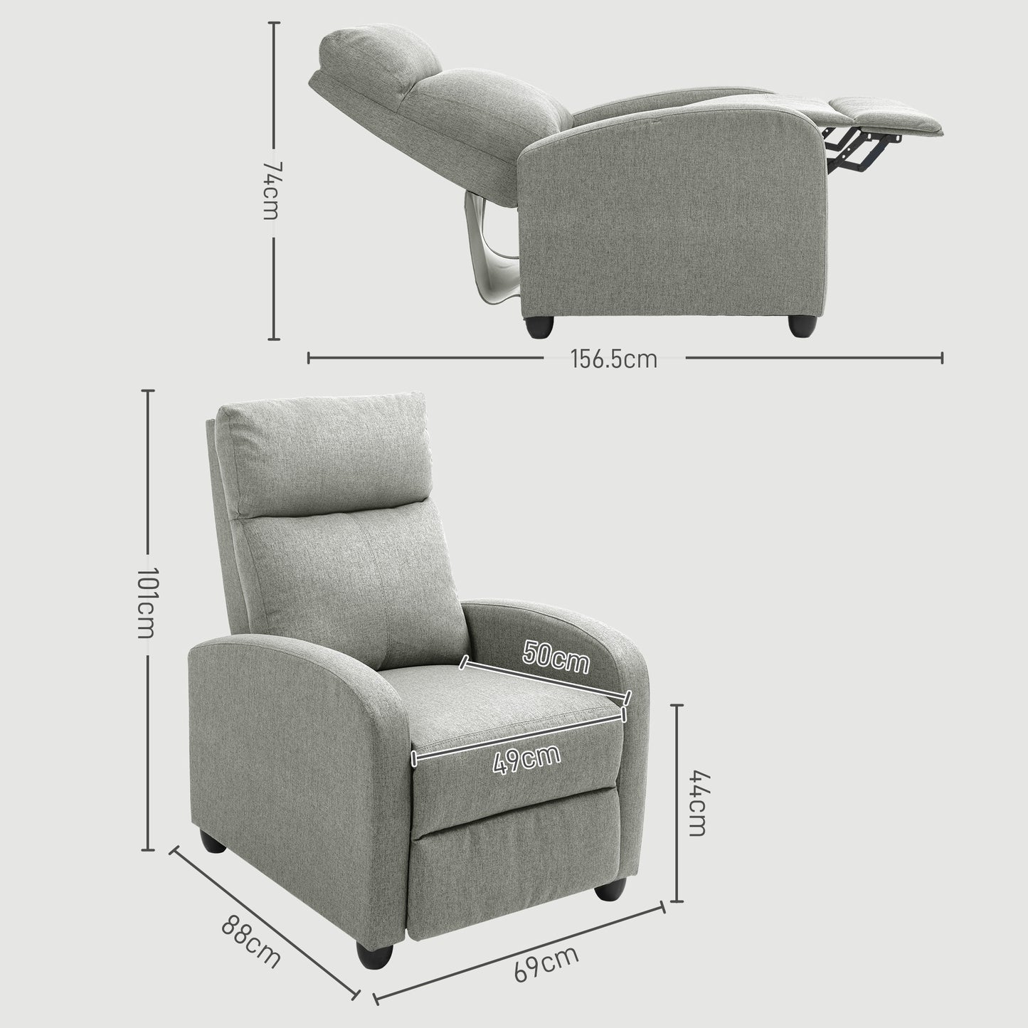 HOMCOM Push Back Recliner Armchair with Adjustable Footrest and Padded Seat, Light Grey