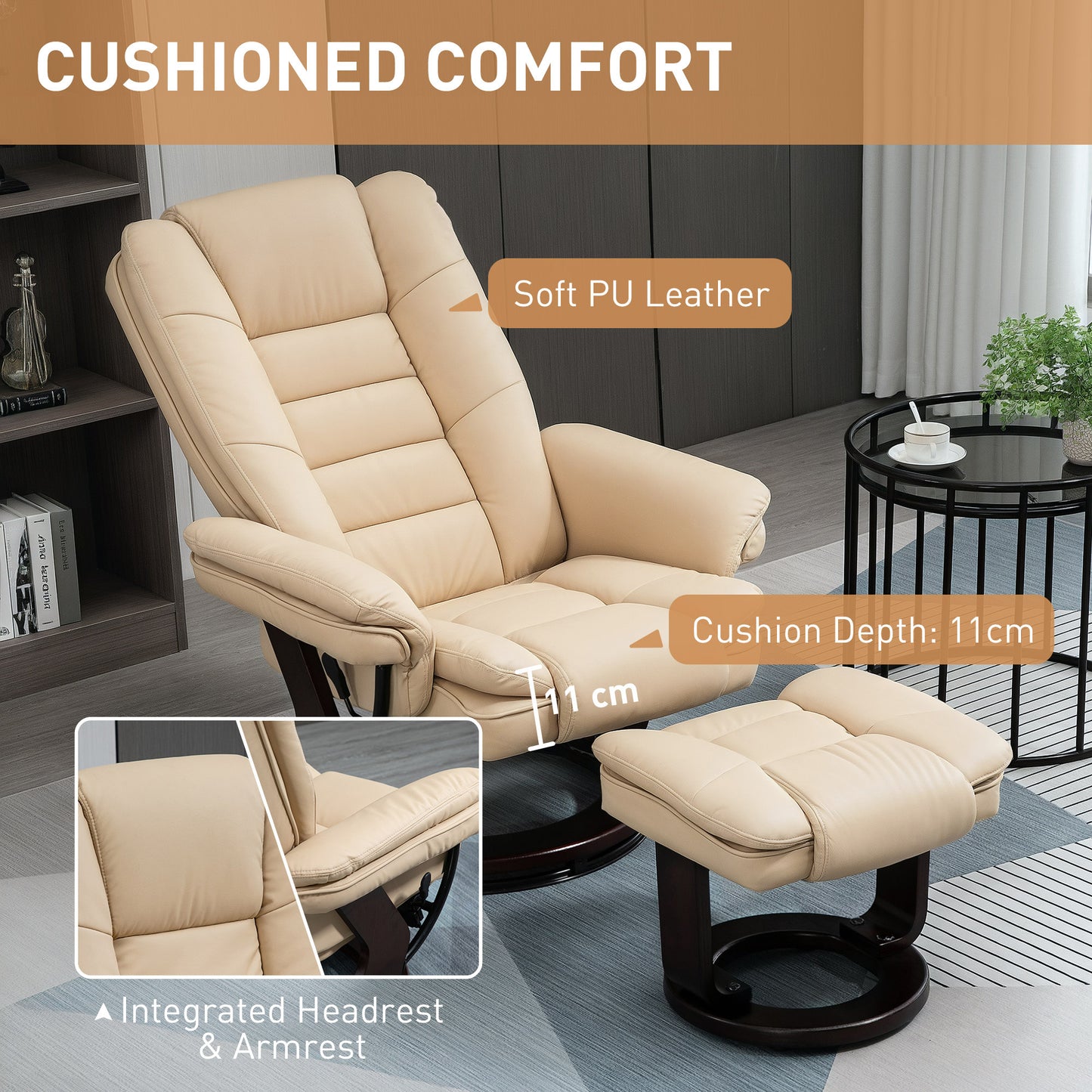 HOMCOM Faux Leather Extra-Padded Reclining Chair & Footstool Beige