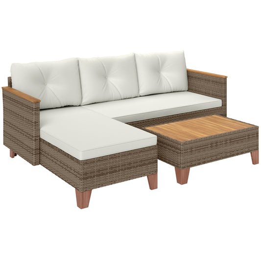 Outsunny 3-Piece Rattan Garden Furniture Set, L-Shaped Chaise Lounge with Wood Top Coffee Table, Thick Cushions, Cream
