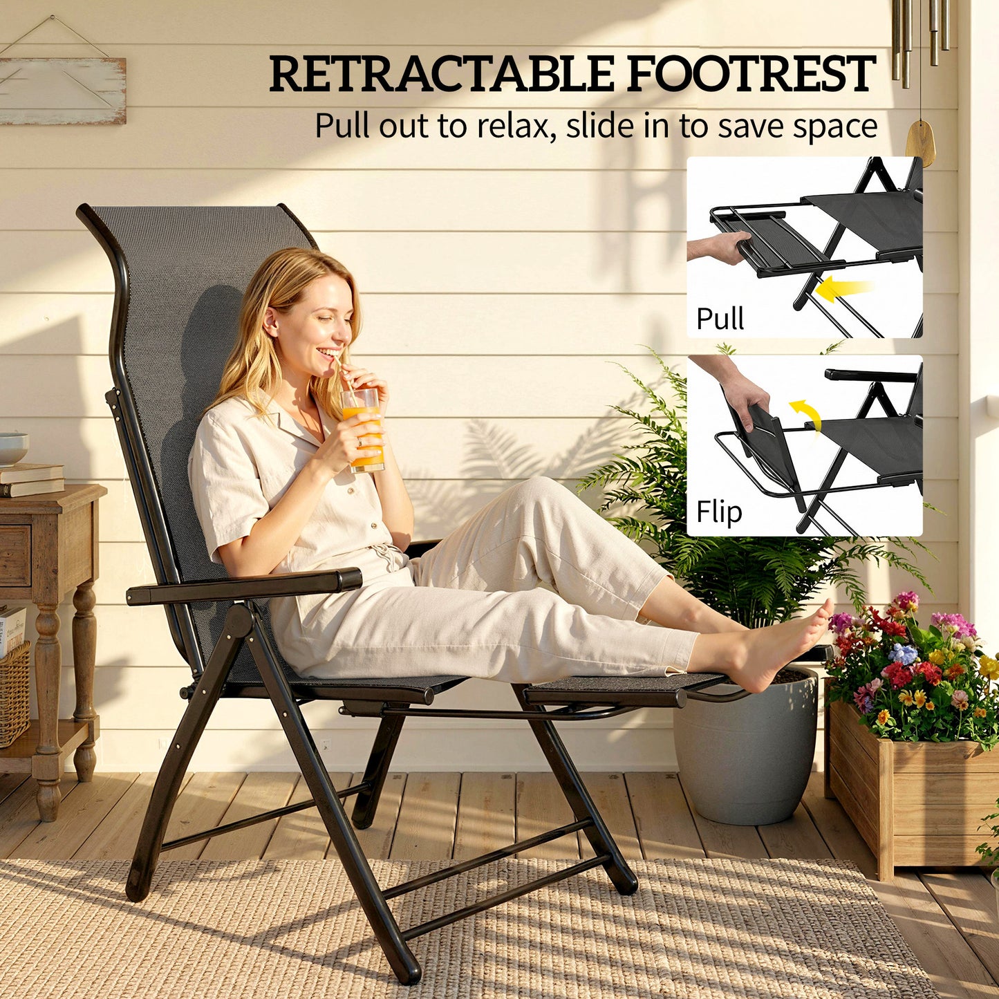 Outsunny Reclining Garden Chairs Set of 2, 5-Position Folding Sun Loungers with High Back, Retractable Footrest, Dark Grey