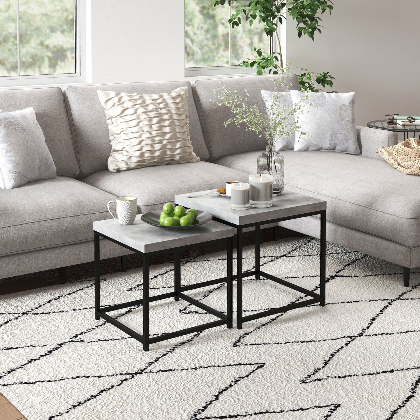 HOMCOM Coffee Table Set of 2, Nest of Tables with 3.5cm Thick Tabletop, Grey