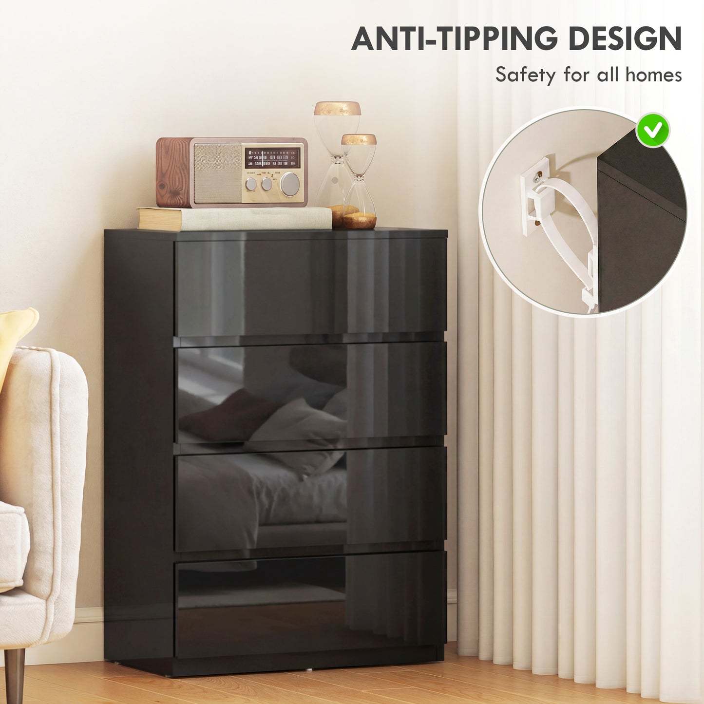 HOMCOM Chest of Drawers, 4-Drawer Storage, Modern Dresser, Storage Drawer Unit for Bedroom