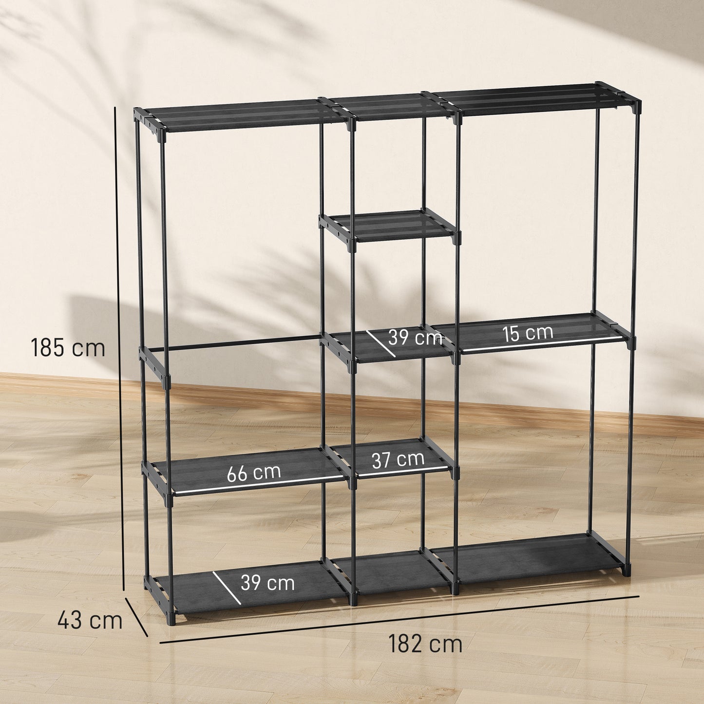 HOMCOM Storage wardrobe, fabric wardrobe with hanging rod and shelves, 182 x 43 x 185 cm, black