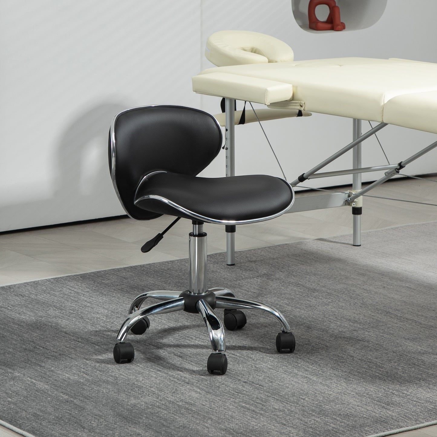 HOMCOM Faux Leather Curved Salon Stool, with Wheels - Black/White