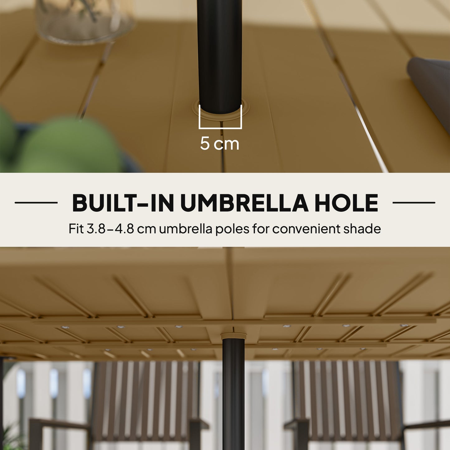 Outsunny Garden Dining Table for 6, Rectangle Outdoor Coffee Table w/ 5cm Parasol Hole, Slatted Top & Steel Frame for Patio/Balcony, Brown