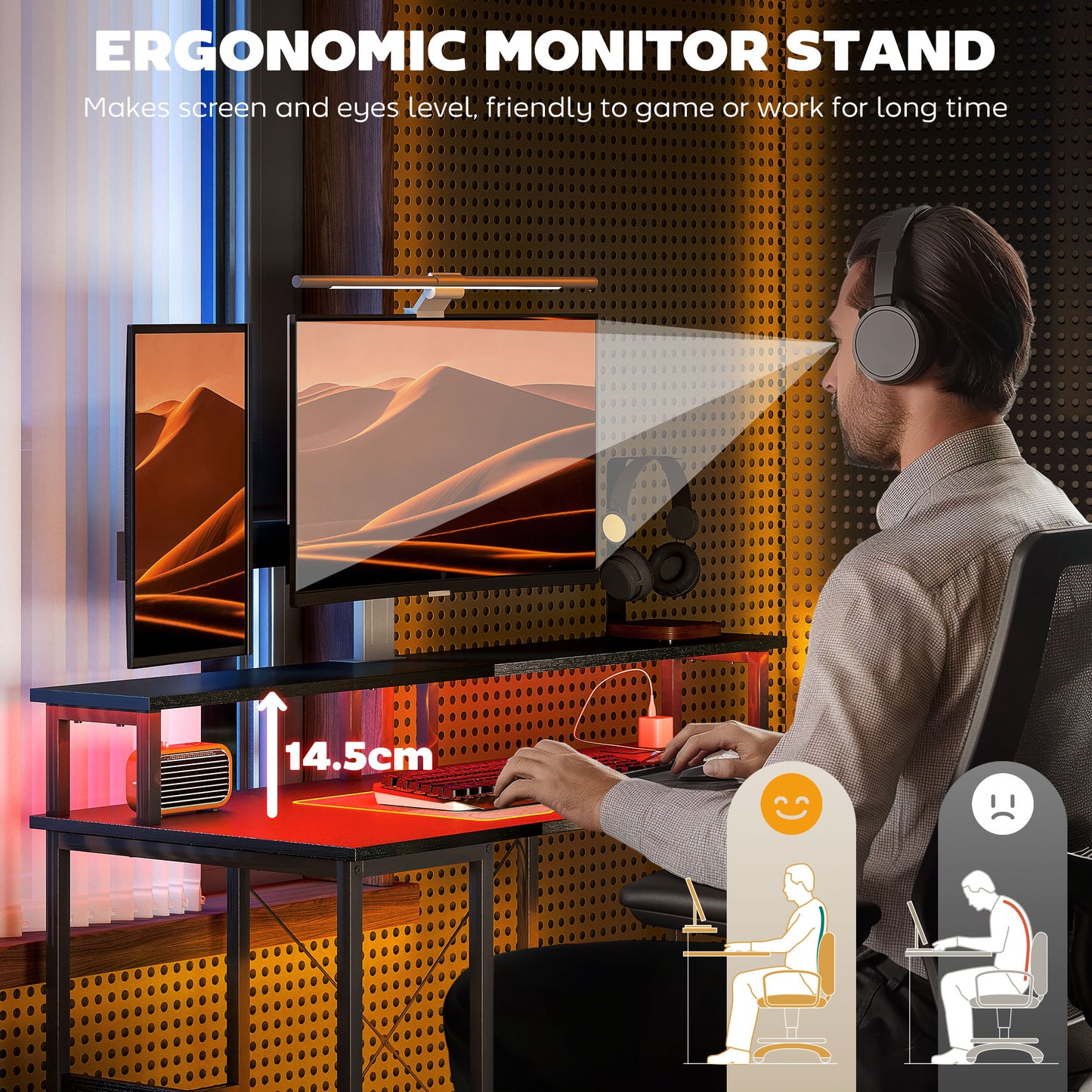 HOMCOM Computer Desk with Power Outlets and LED Lights, 120 x 50cm with Cable Management, Black