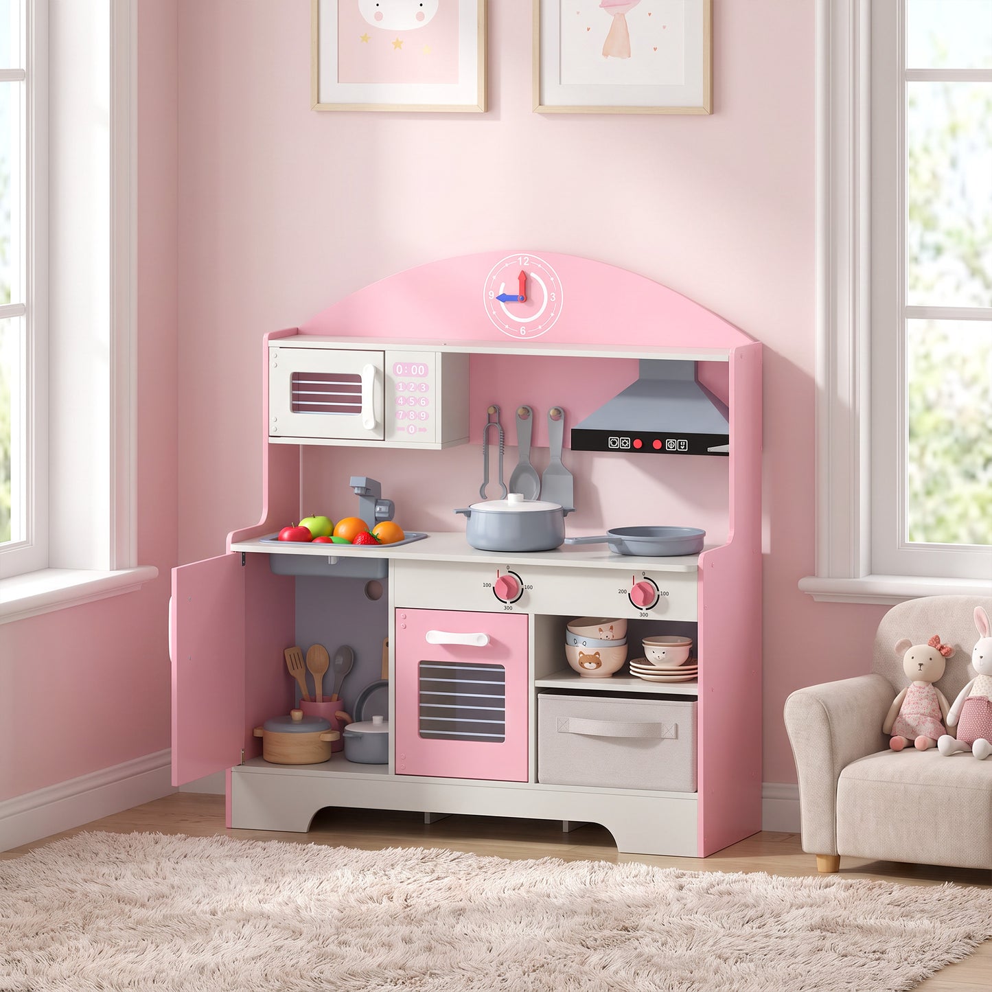 AIYAPLAY Kids Play Kitchen with Lights & Sounds, Pretend Play Toy set with Fabric Drawer, 5-Piece Accessories for 3-6 Years, Pink