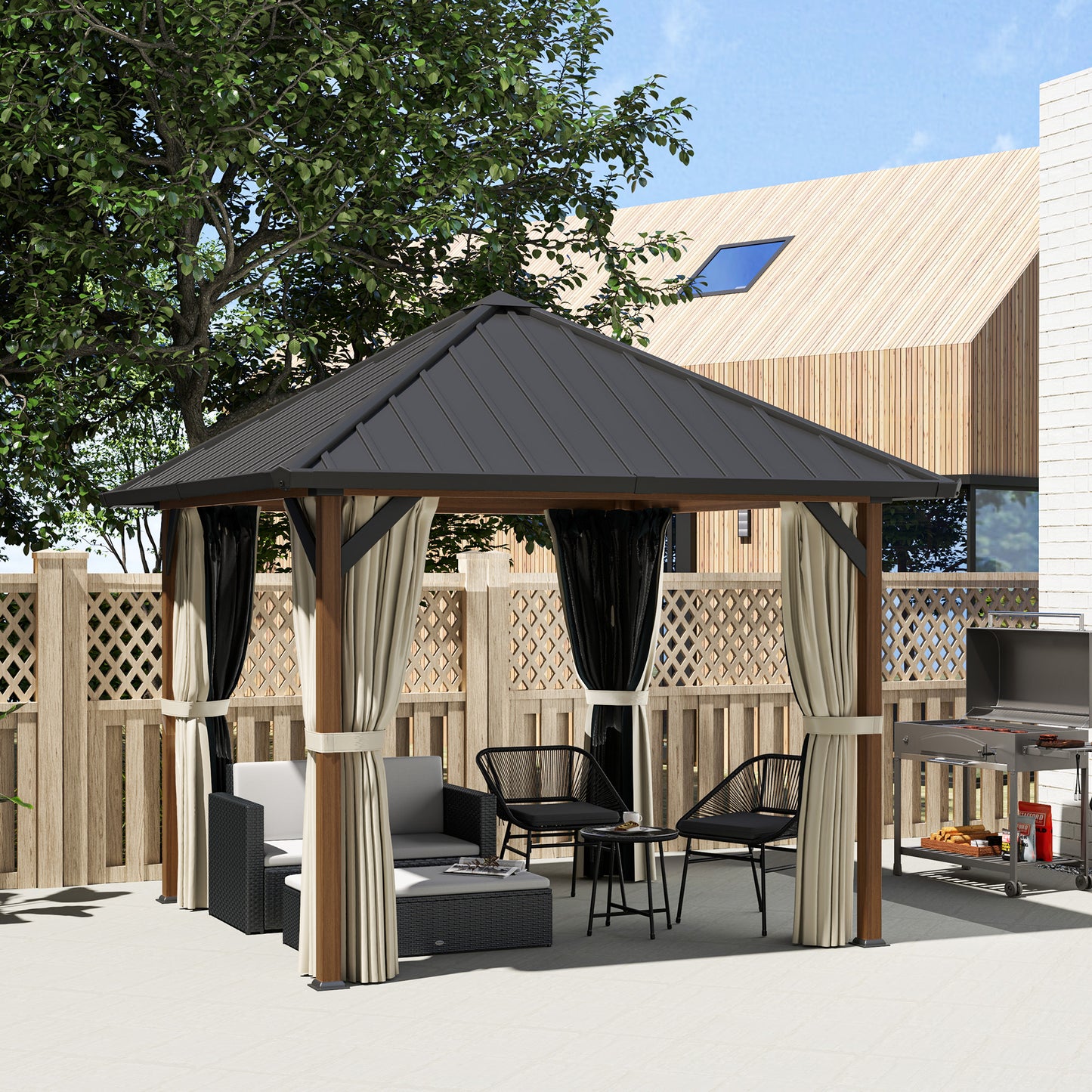 Outsunny 3x3m Hardtop Gazebo, Galvanised Steel Roof, Waterproof, Netting & Curtains, Walnut Finish