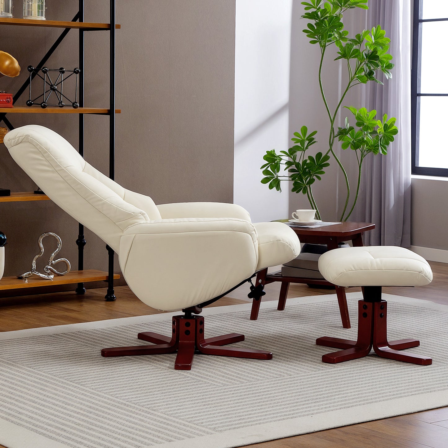 HOMCOM Rocking Recliner Chair with Footstool, PU Leather Armchair, Wood Base, Upholstered Recliner for Living Room Bedroom, Cream