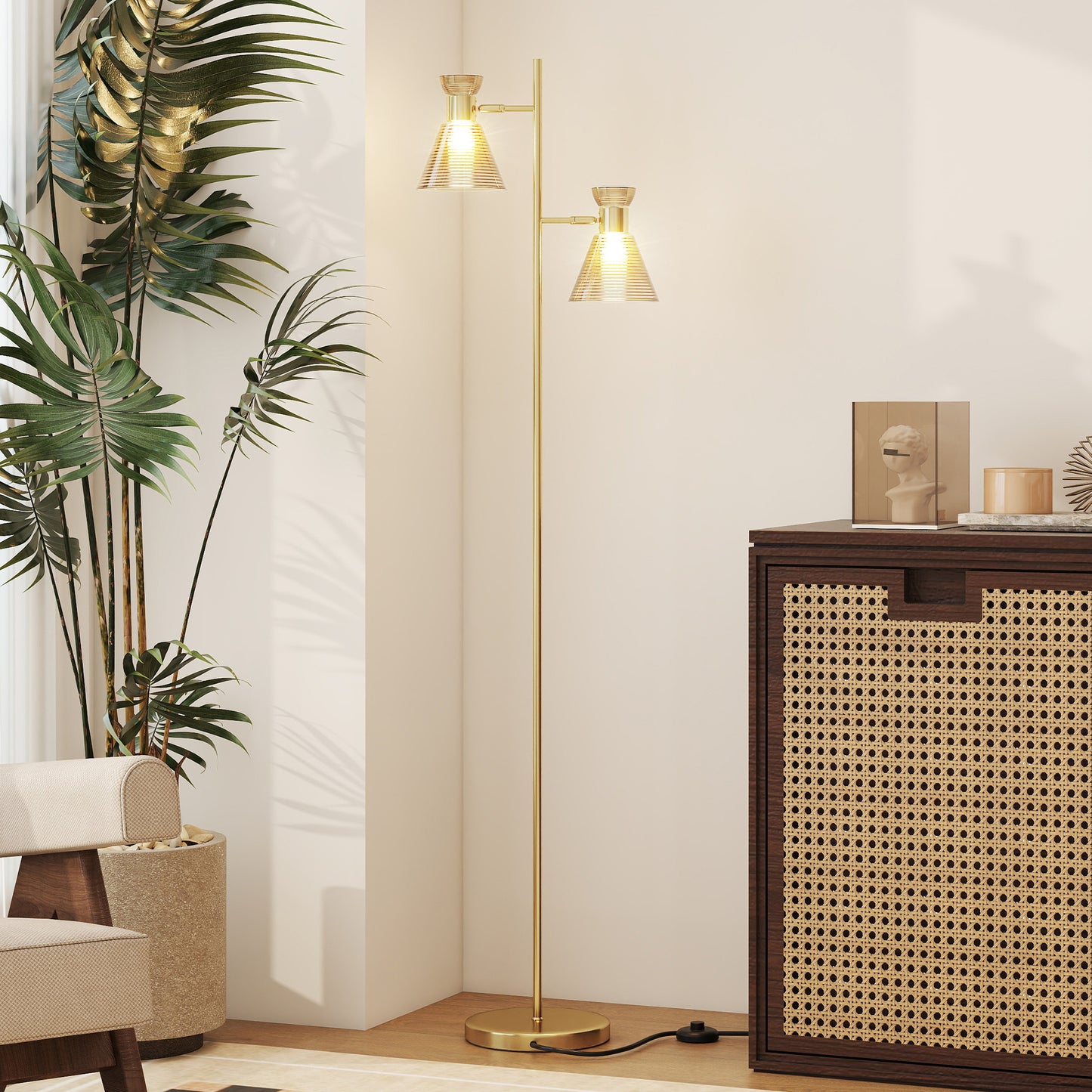 HOMCOM Floor Lamp, Adjustable Dual Head, Modern with Floral Glass Shades and Foot Switch, E27 Socket, Bulb Not Included, Gold Tone