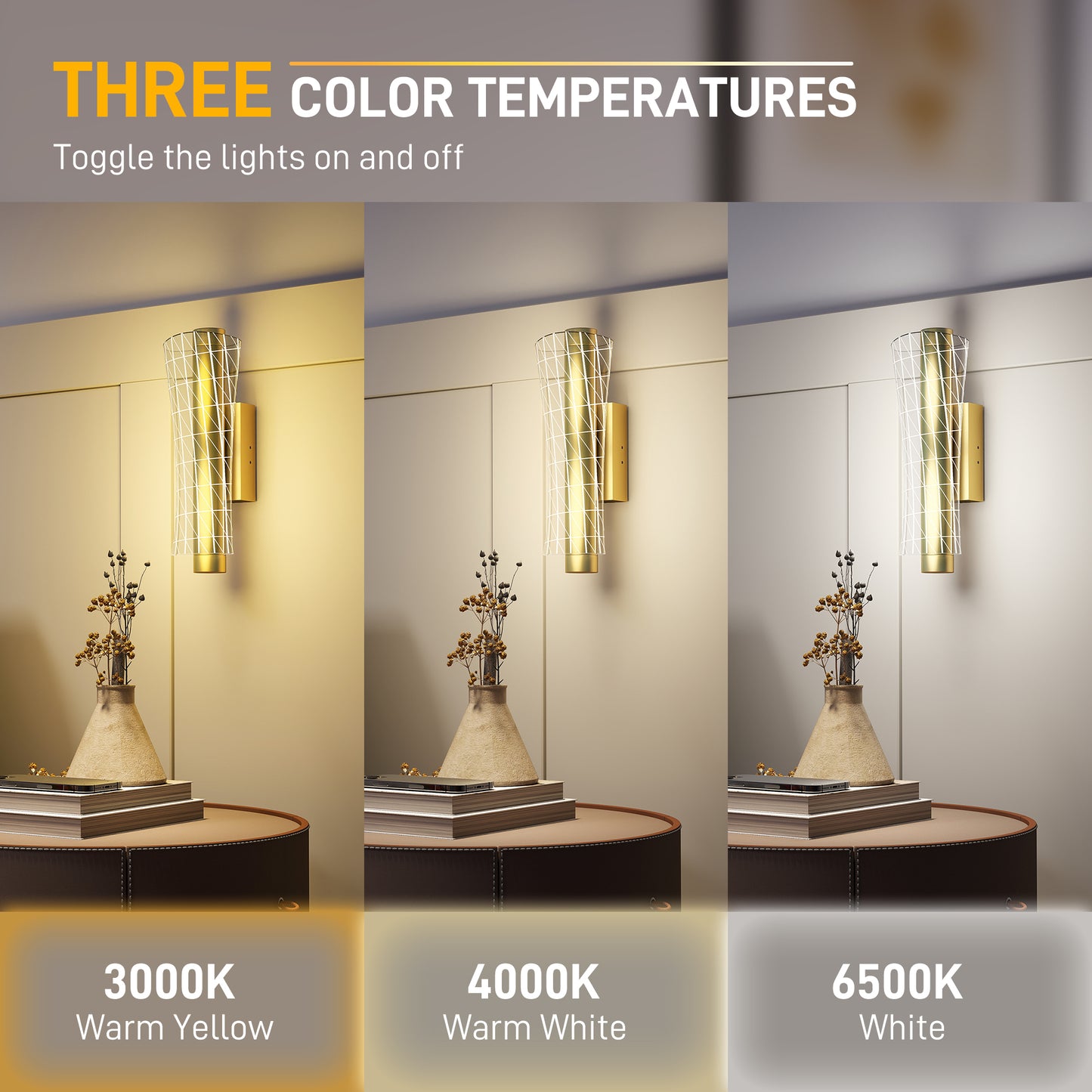 HOMCOM LED Wall Lamp 2-Pack, 9W Modern Geometric Mesh Light, Adjustable 3000K/4000K/6500K for Bedroom, Living Room, Hallway, Gold Tone