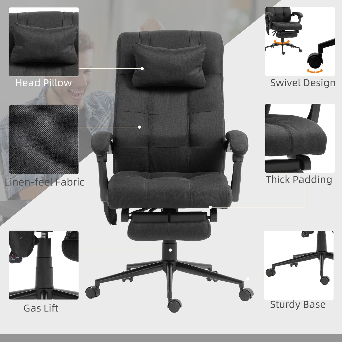 Vinsetto Office Chair with 6-point Vibration Massage and Heat, Computer Chair with Adjustable Height, Head Pillow, Footrest for Home, Black