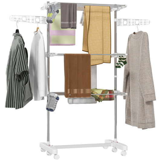 HOMCOM Clothes Airer, Stainless Steel Foldable Drying Rack with Wheels & Wings, Indoor/Outdoor, Easy Assembly, 142x55x152cm, White