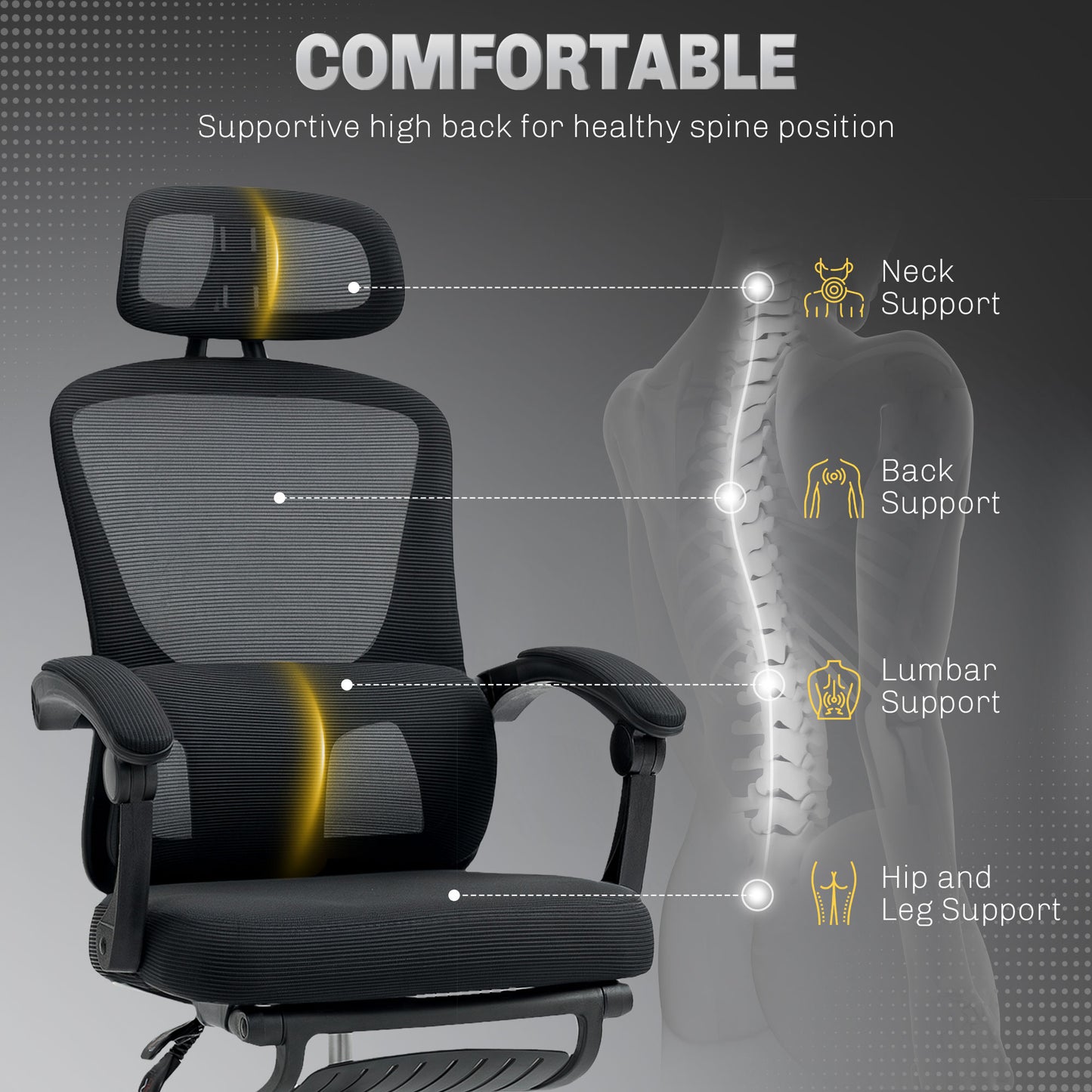 HOMCOM Ergonomic Mesh High Back Office Chair with Adjustable Lumbar Support, Headrest, Footrest, Reclining Swivel, Black