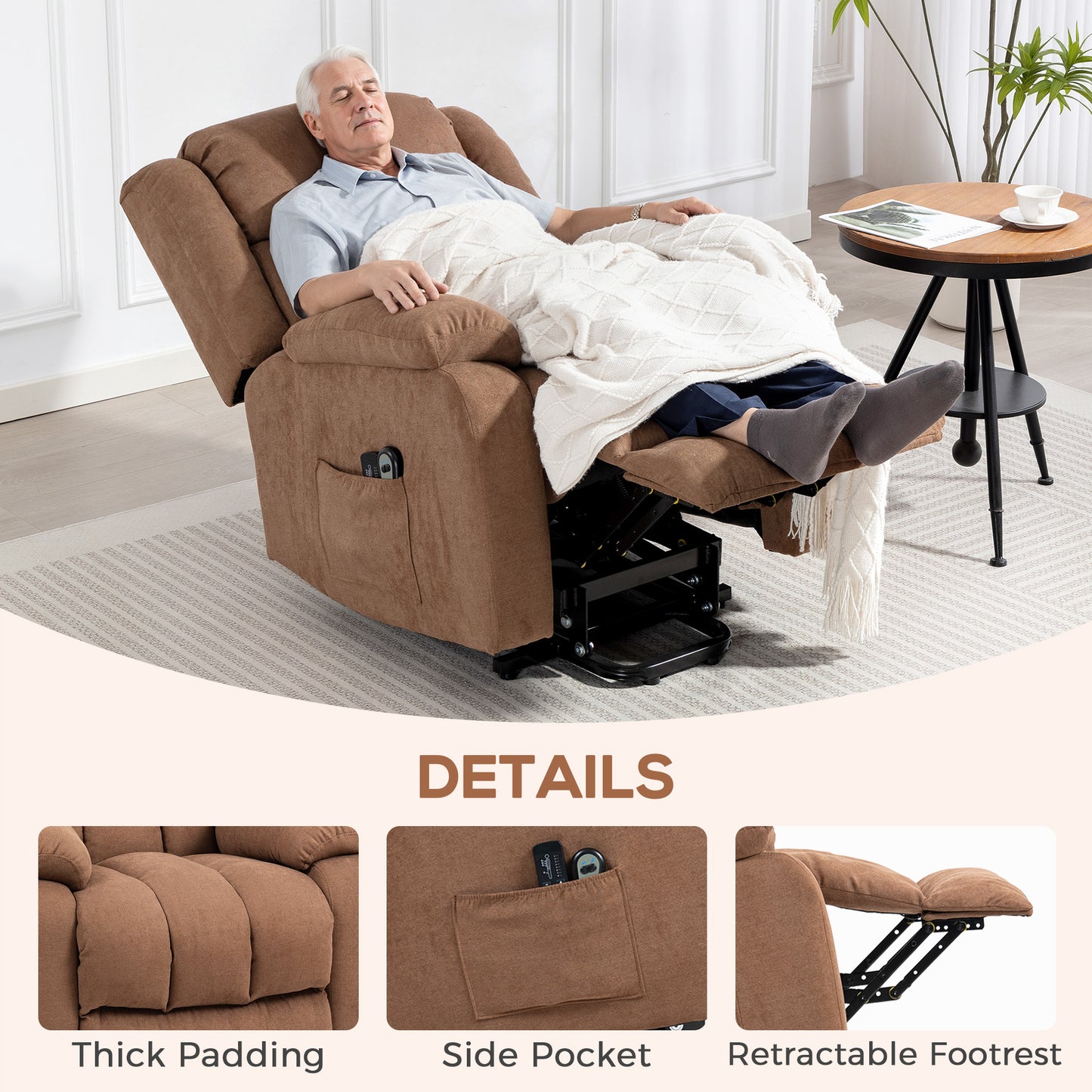HOMCOM Power Lift Recliner Chair with Massage, Overstuffed Lift Chair for Elderly with Footrest, Remote and Side Pocket, Brown