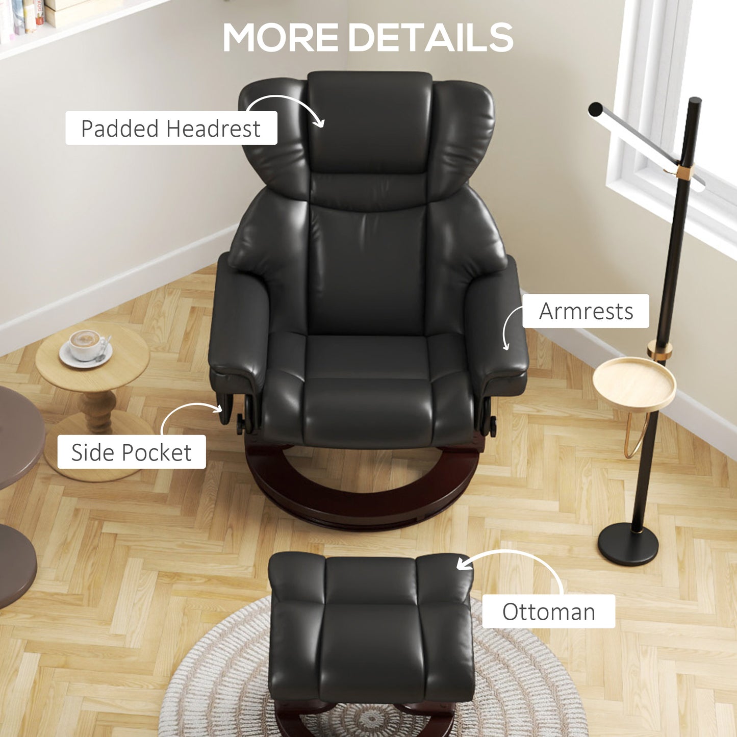 HOMCOM Massage Recliner Chair with Footstool, Upholstered Reclining Armchair, Adjustable Backrest, Steel Frame, Wood Base, Swivel, Black