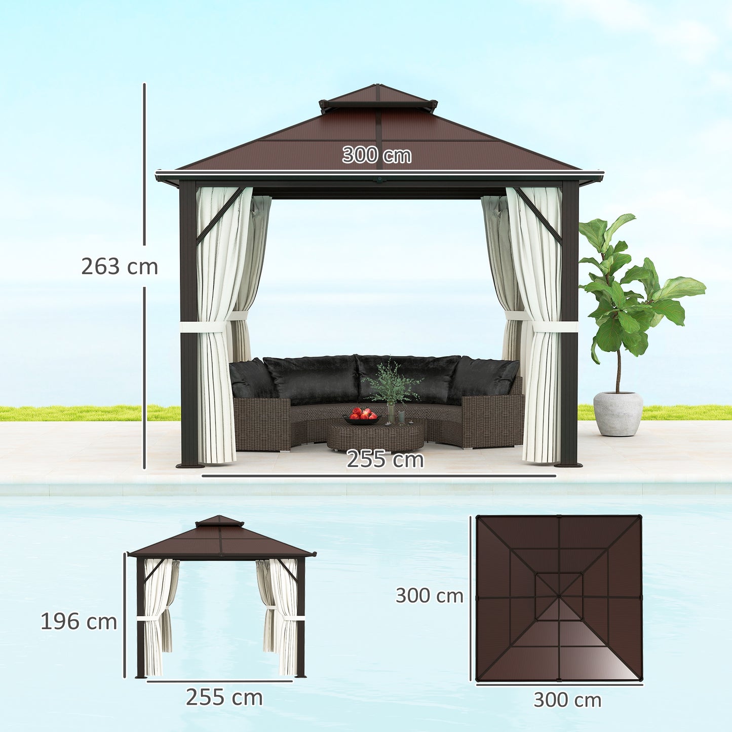 Outsunny Hardtop Gazebo, 3x3m, UPF30+ Polycarbonate Roof, Aluminum Frame, Mosquito Netting & Curtains for Patio/Deck, Beige