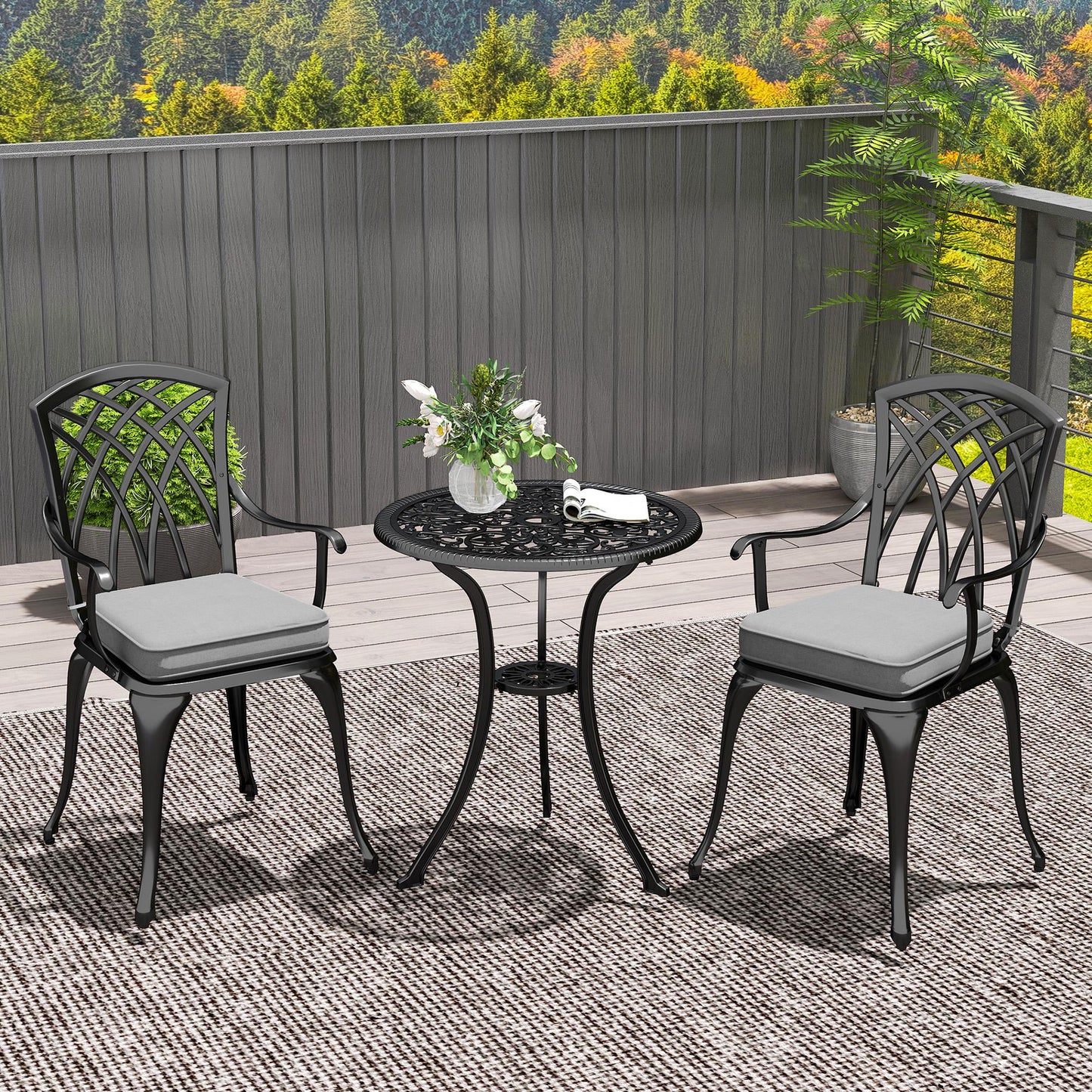 Outsunny 3 Piece Cast Aluminium Bistro Set, Rust Resistant with Parasol Hole & Cushions, Black