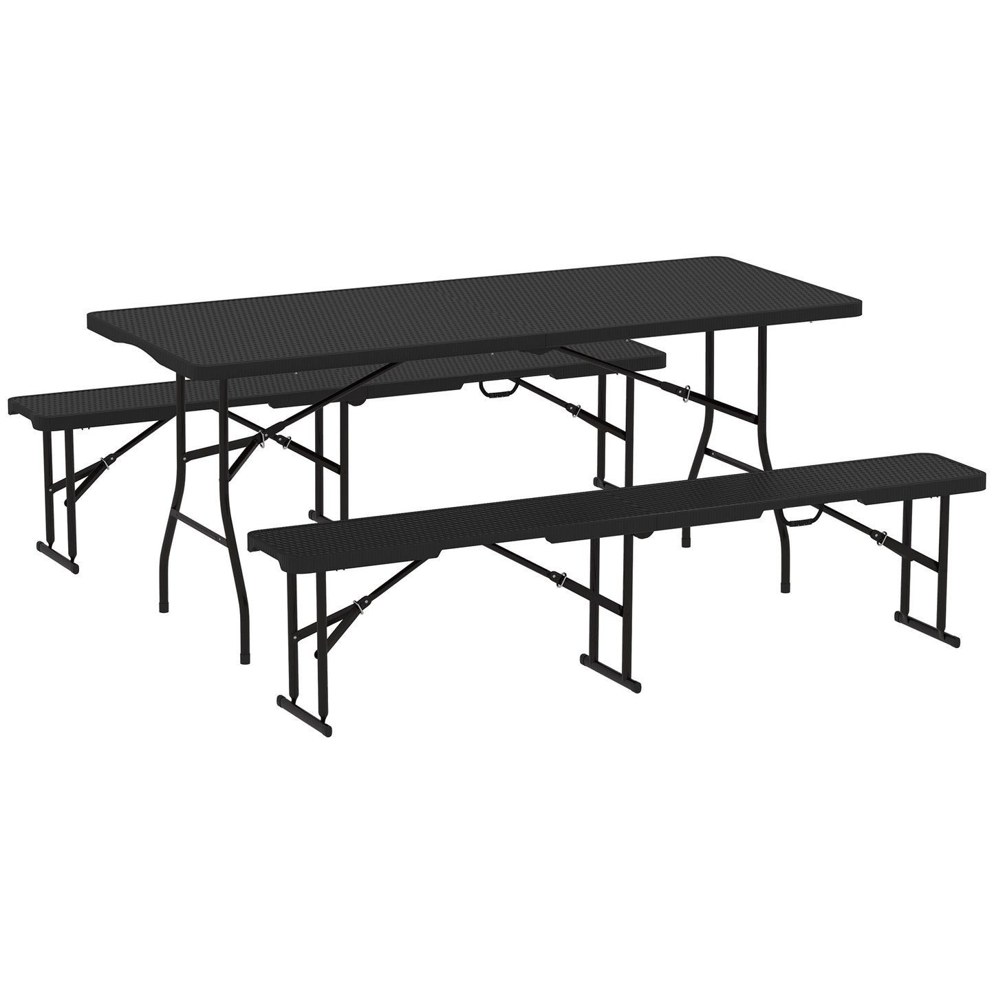 Outsunny Folding Picnic Table & Bench Set, Rattan Effect Portable Camping Table & Chairs with Handles, for Indoor/Outdoor, Black