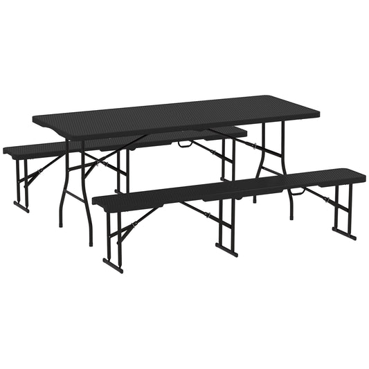 Outsunny Folding Picnic Table & Bench Set, Rattan Effect Portable Camping Table & Chairs with Handles, for Indoor/Outdoor, Black