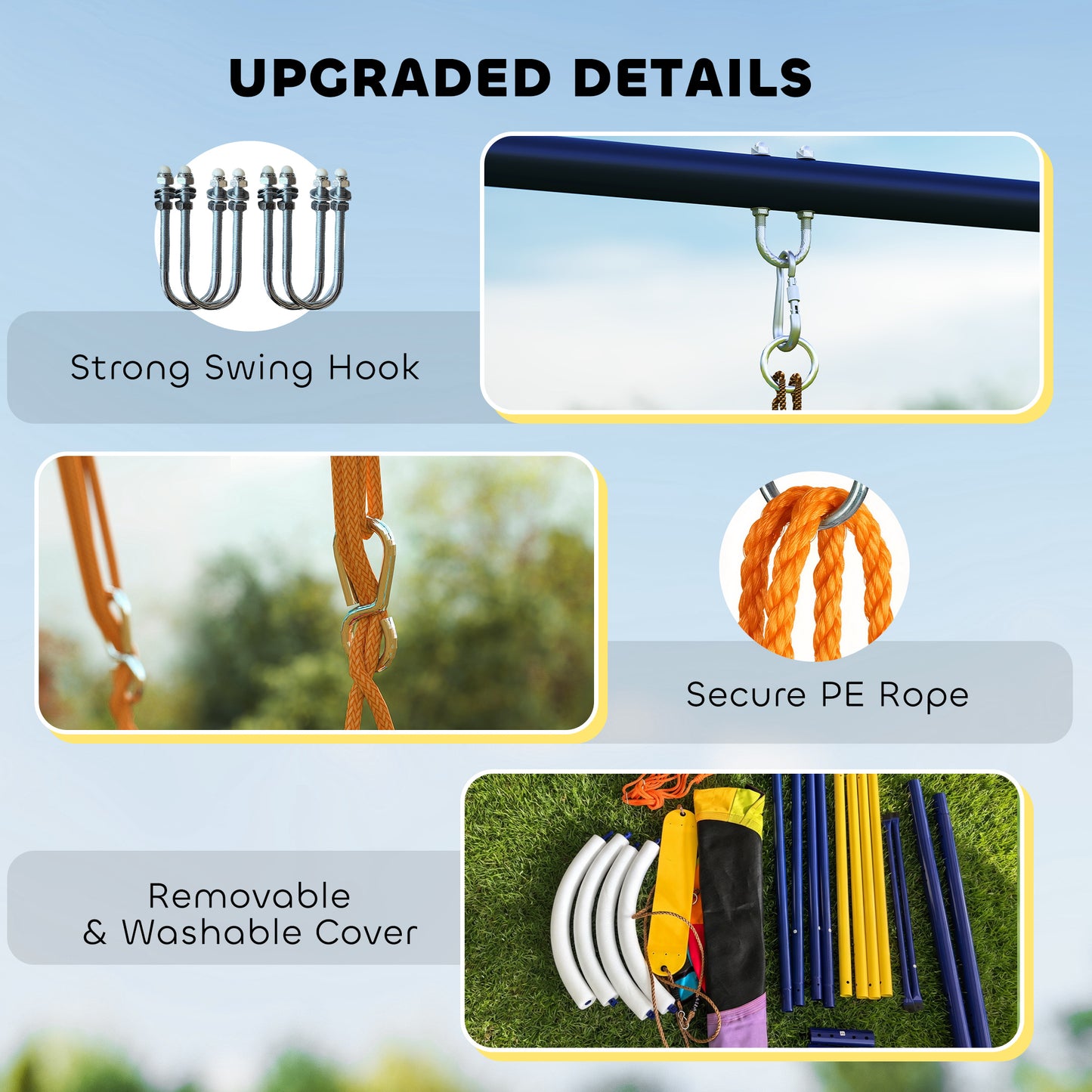 AIYAPLAY Kids Swing Set with Double Swings, Outdoor Playset with Adjustable Ropes, Metal Frame for Ages 3-8, 150kg Capacity