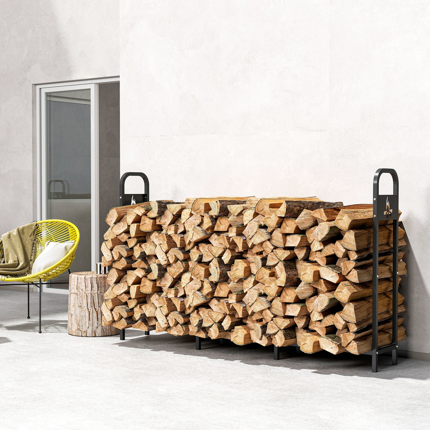 Outsunny Steel Firewood Log Rack, 300kg Capacity, Indoor/Outdoor Wood Storage Shelf, Log Holder with Extra Support Legs, Bonfire Pattern, Black