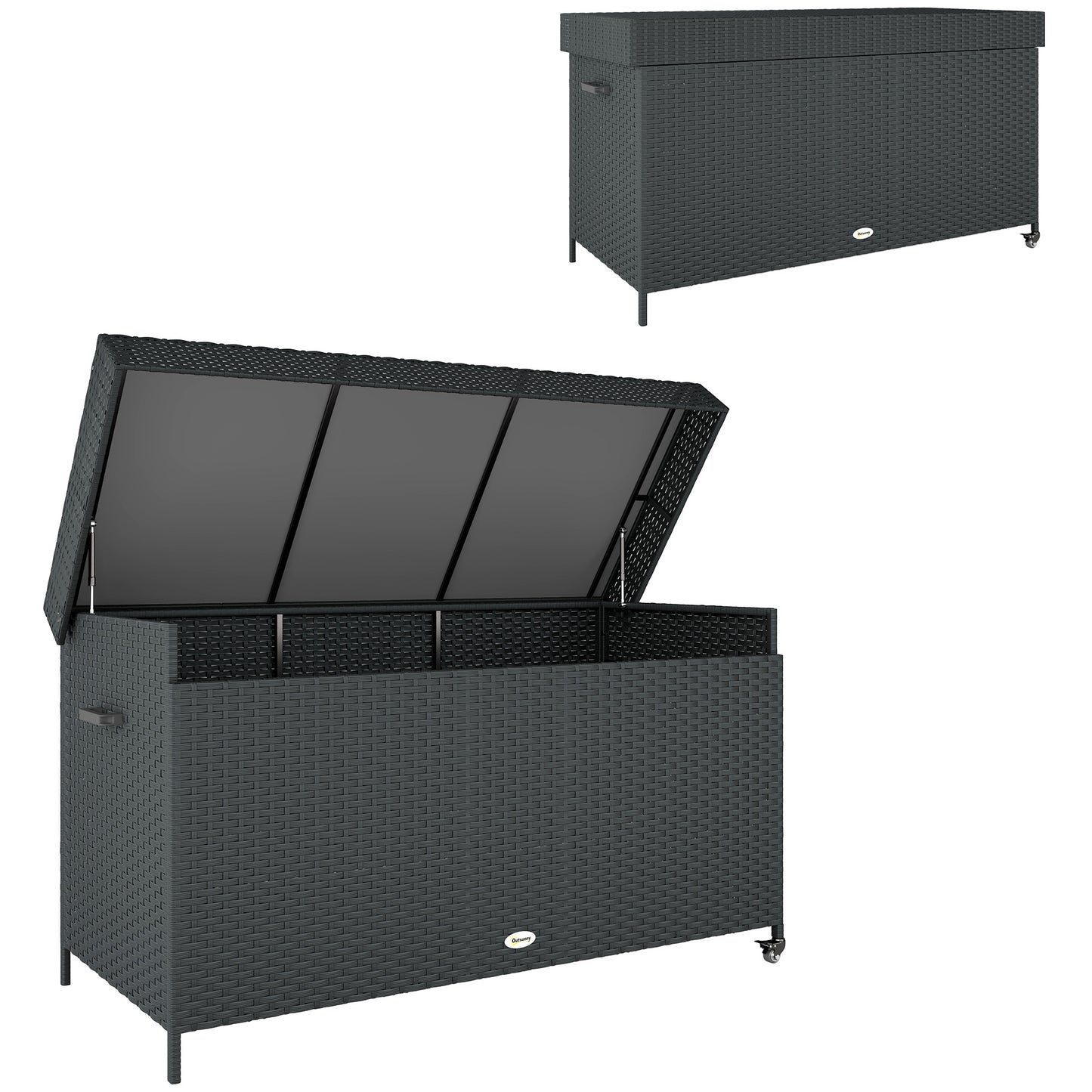Outsunny 627 L Rattan Garden Storage Box, Outdoor Cushion Chest with Gas Lift Lid & Wheels, Black