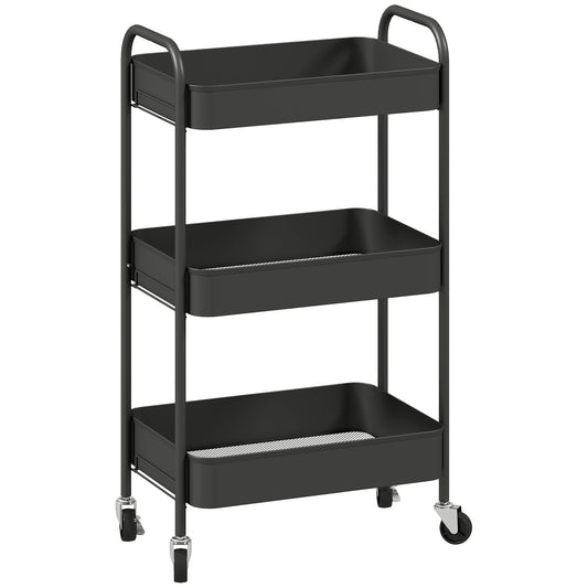HOMCOM Three-Tier Steel Storage Trolley - Black